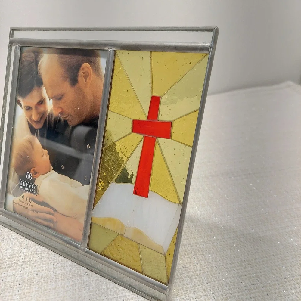 Burnes of Boston Stained Glass Cross‎ Bible Picture Frame 4x6 Religious Decor